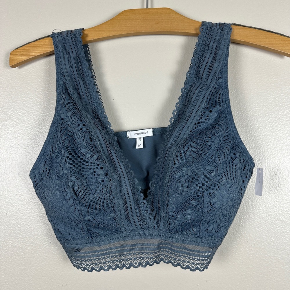 Maurices Women's Medium Bralette Blue Floral Lace Scalloped Longline 127816